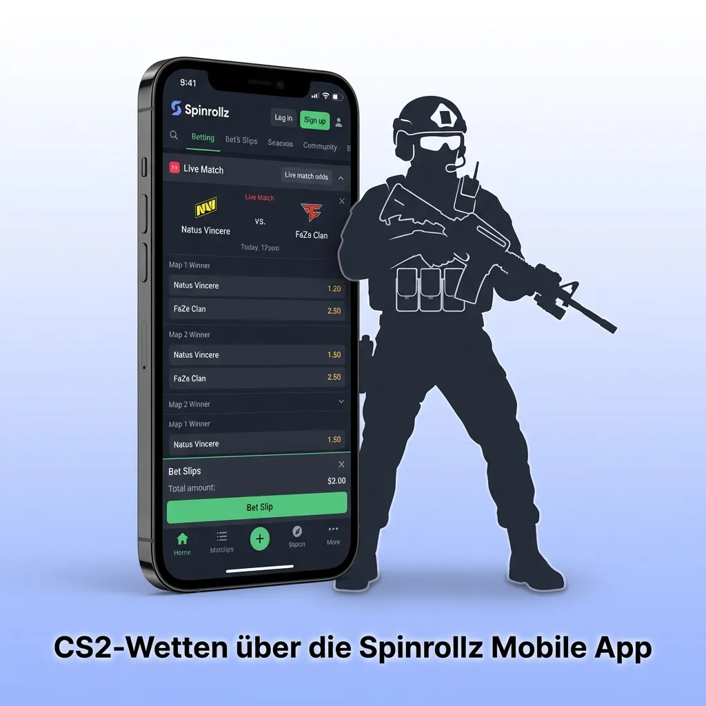 Spinrollz mobile app interface showing CS2 betting markets and live odds on smartphone screen