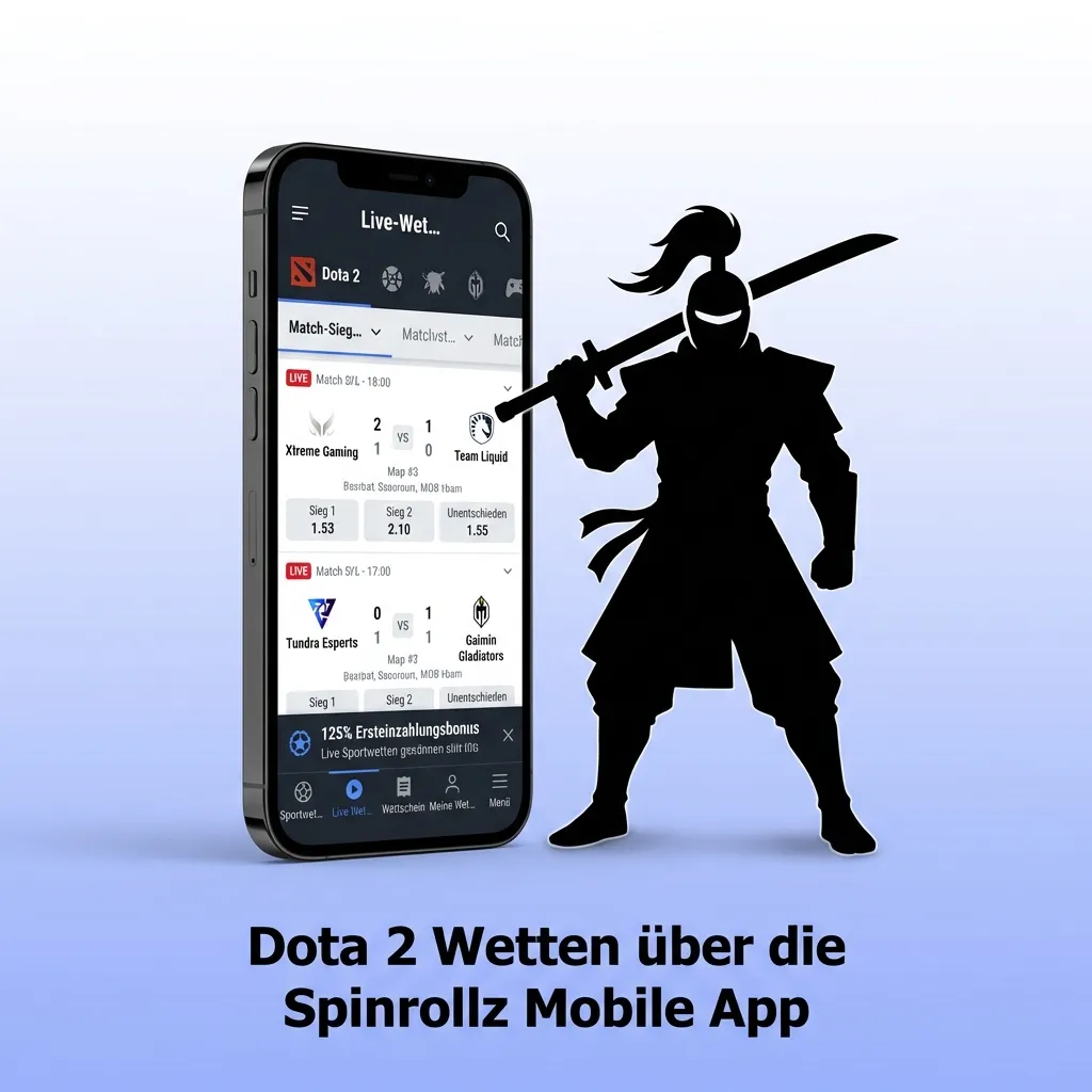 Smartphone showing Spinrollz mobile app interface with Dota 2 esports betting options and menu navigation
