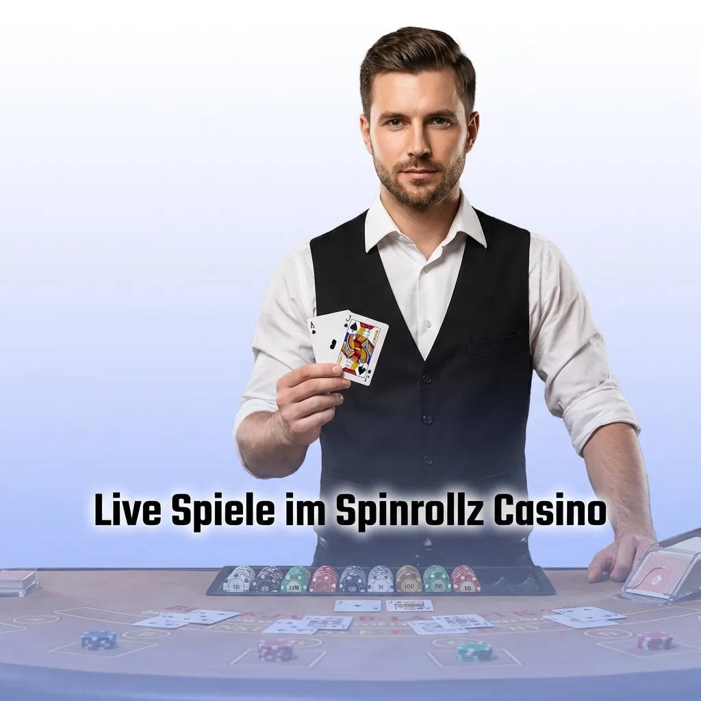 Live casino games at Spinrollz with roulette wheel, blackjack table, baccarat cards, and poker chips in HD streaming