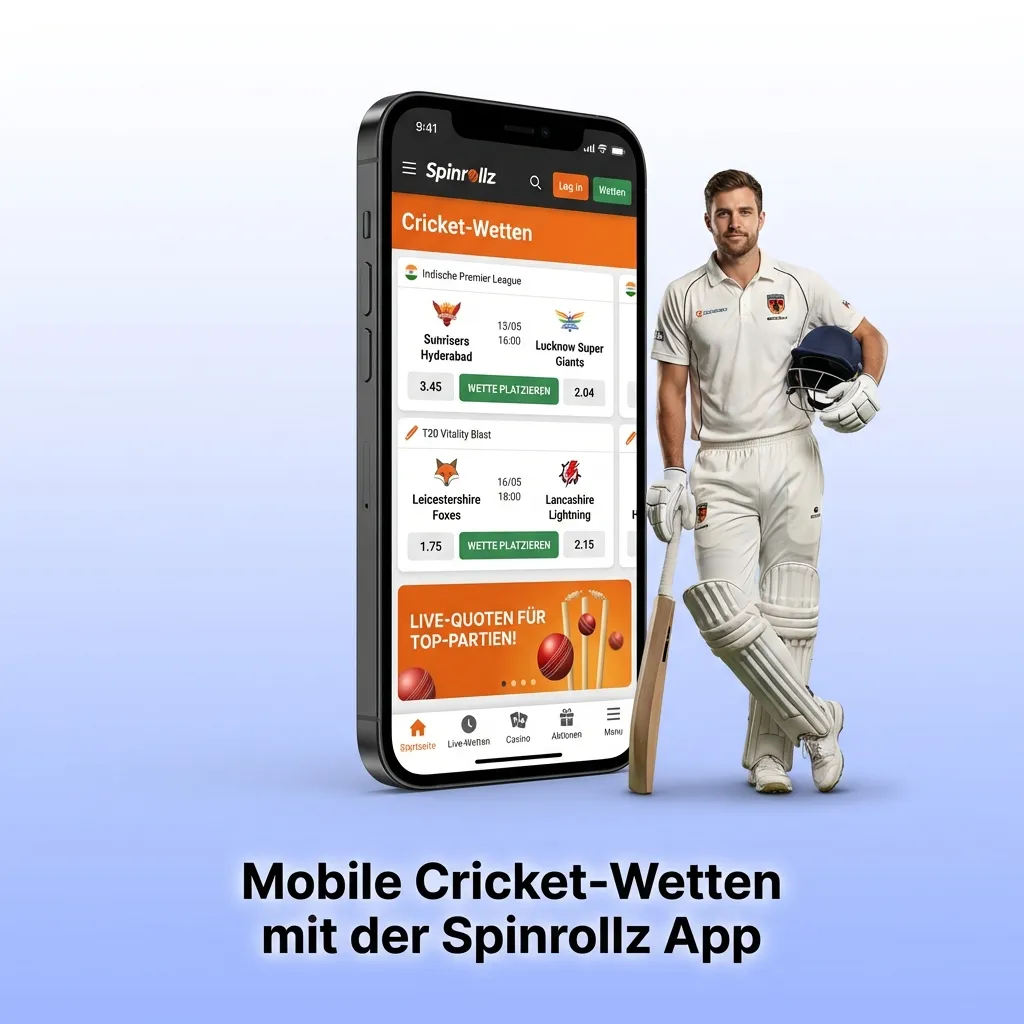 Spinrollz mobile app interface showing cricket betting markets on smartphone screen