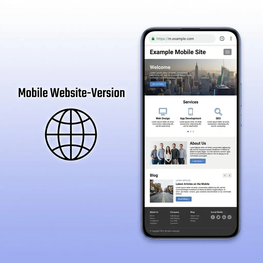 Mobile website interface displaying responsive design on smartphone with instant browser access and full functionality
