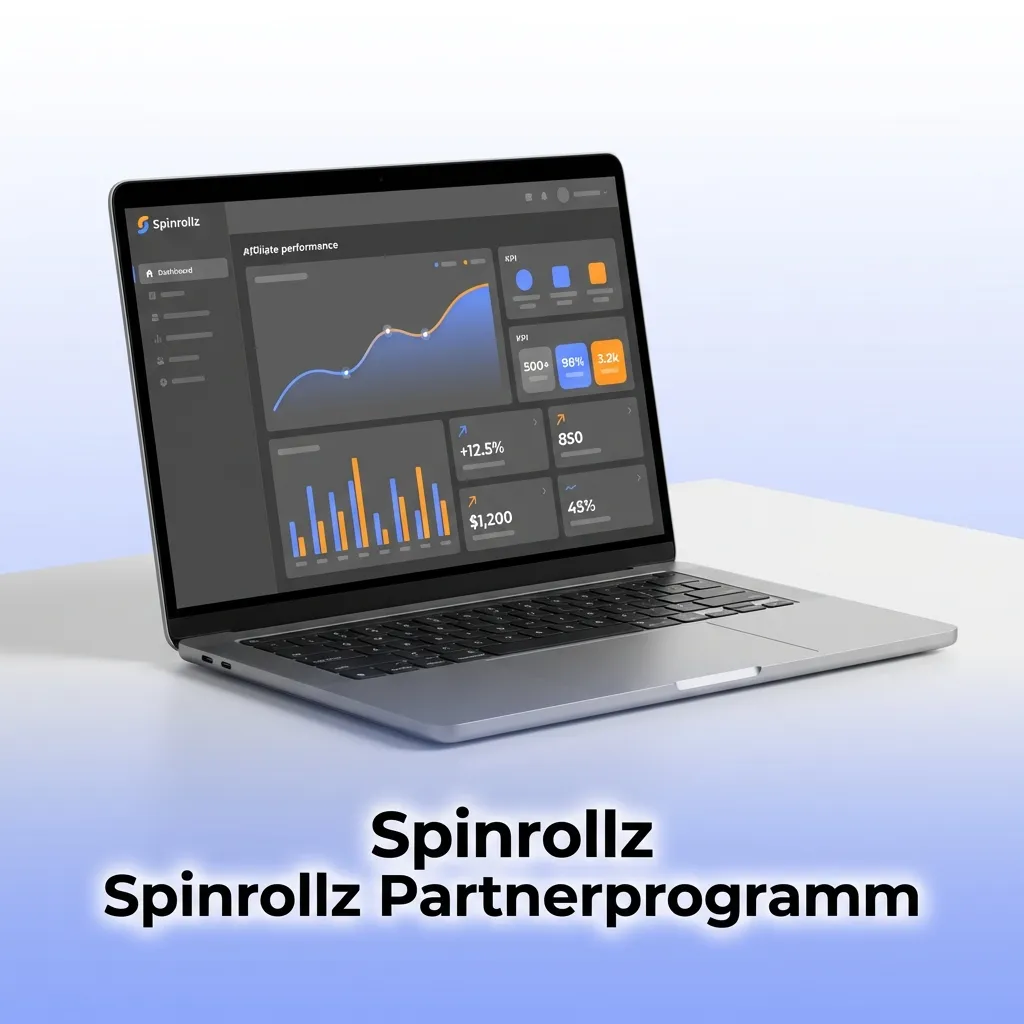 Spinrollz Partnerprogramm dashboard showing affiliate commission tracking, marketing tools, and revenue share statistics