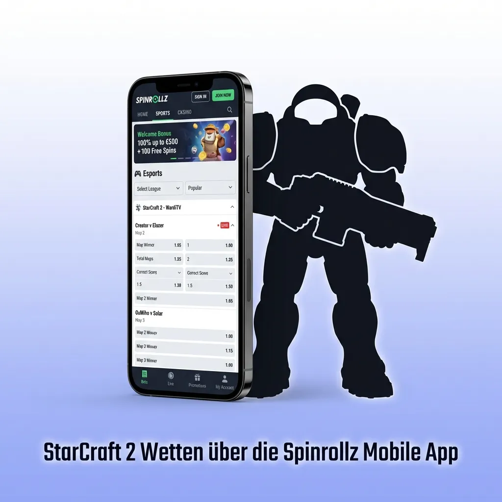 Mobile app interface showing StarCraft 2 betting options on Spinrollz platform with live odds and match selections