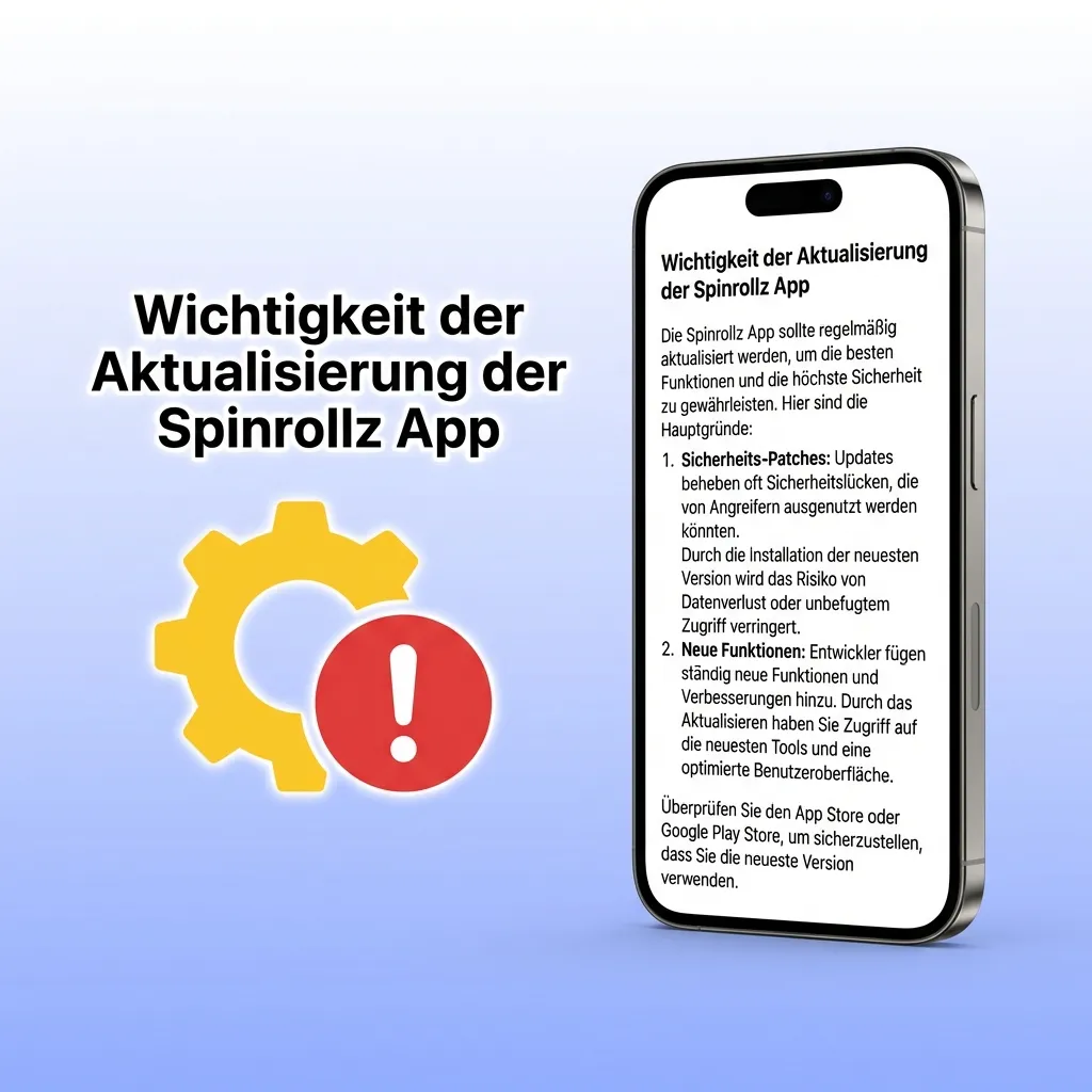 Smartphone displaying Spinrollz app update notification with security shield icon and new features highlighted