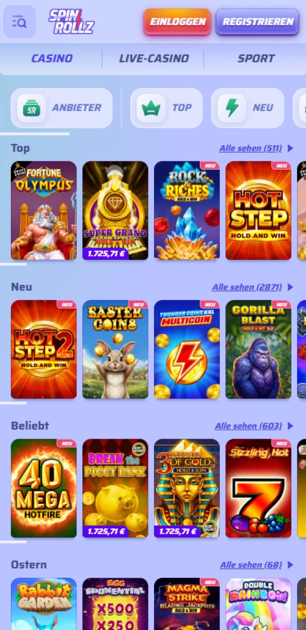 Spiele bunte Automaten in der Casino-Sektion der Android Spinrollz App.
