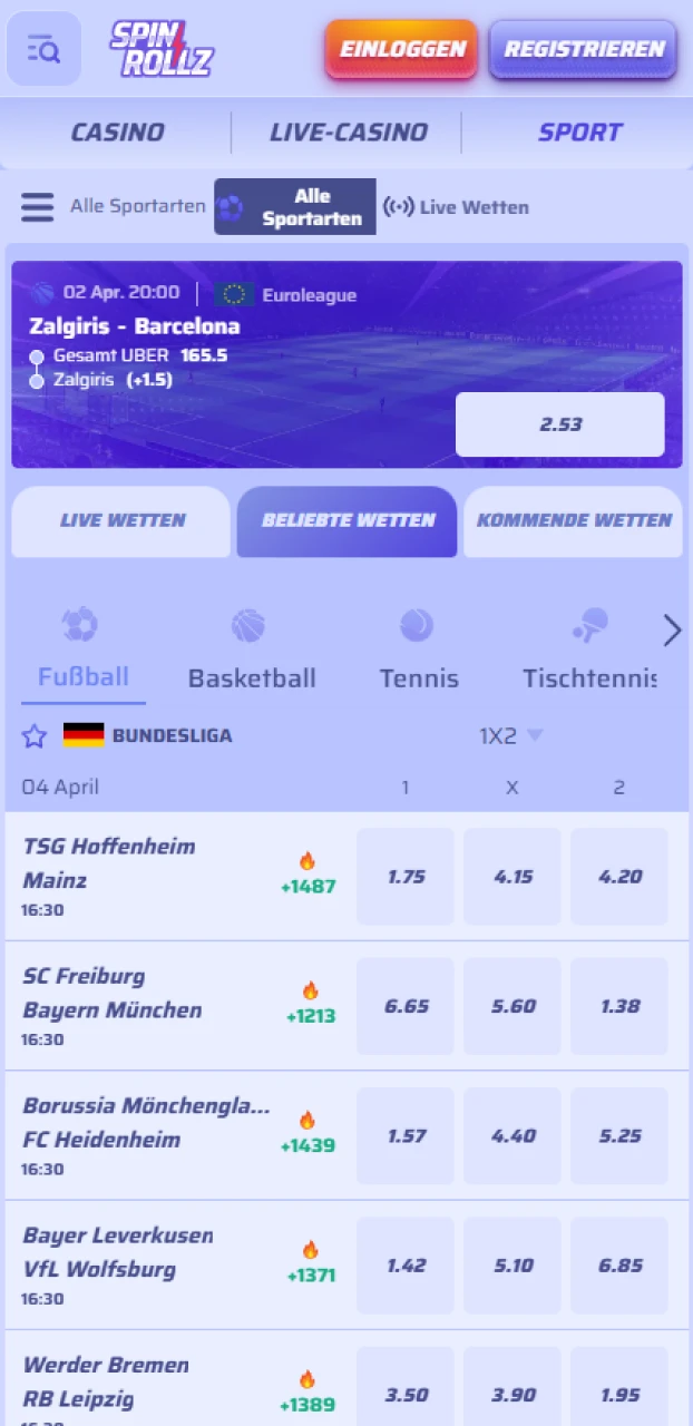 Wette auf deine Favoriten im Sportteil der Android Spinrollz App.
