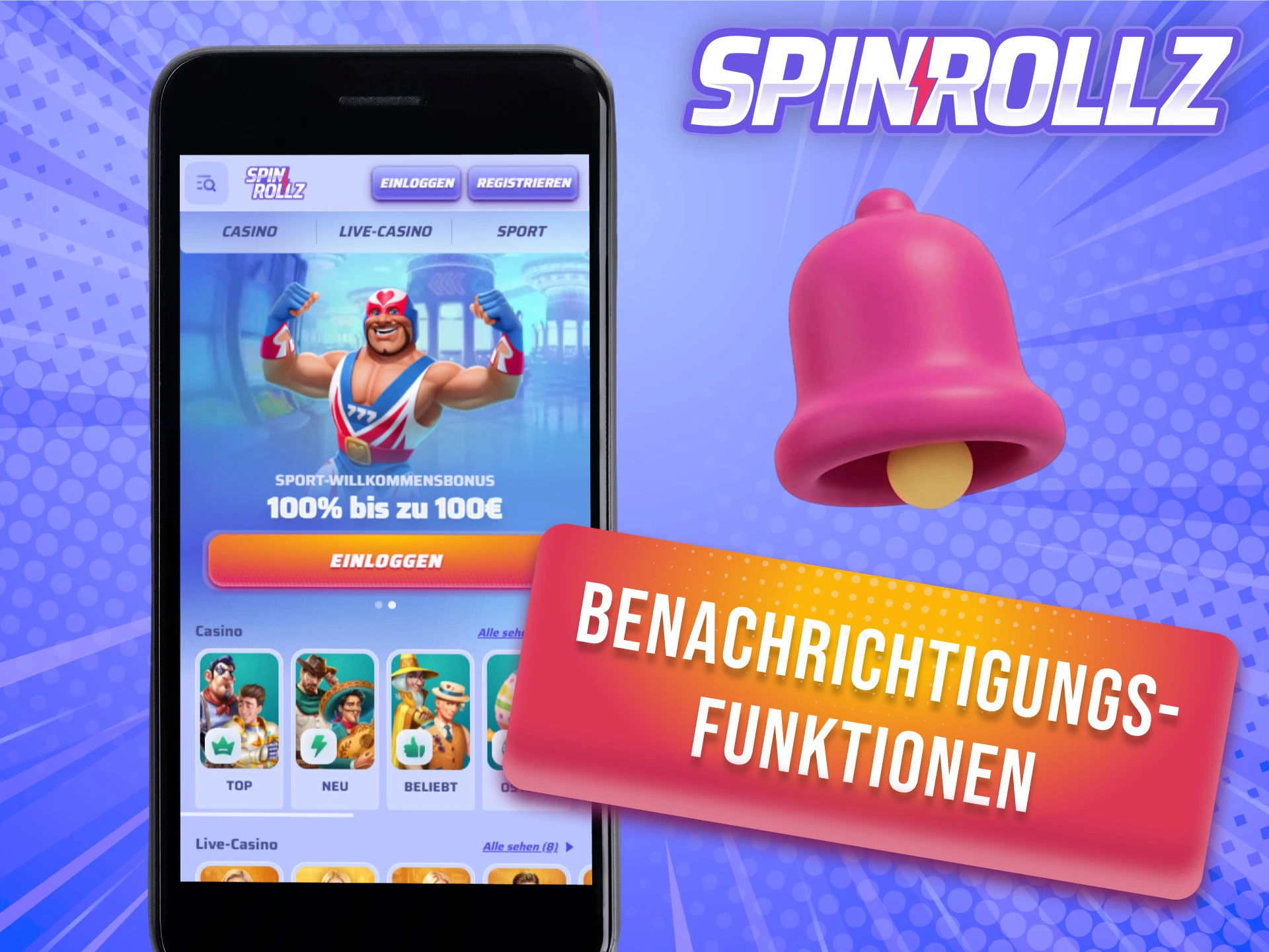 Bleibe immer informiert durch die Benachrichtigungs-Funktionen der Android Spinrollz App.