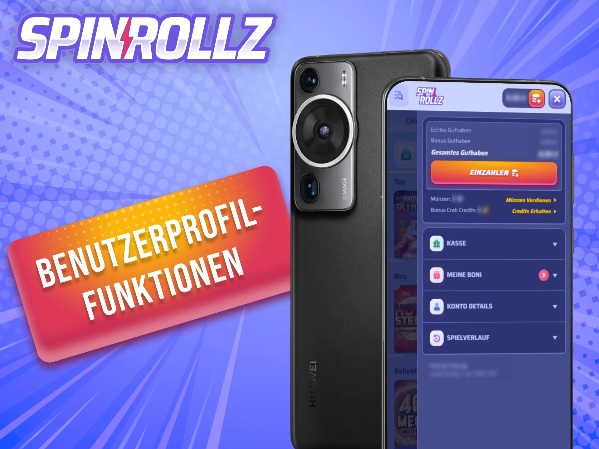Verwalte deine Daten über die Benutzerprofil-Funktionen der Android Spinrollz App.