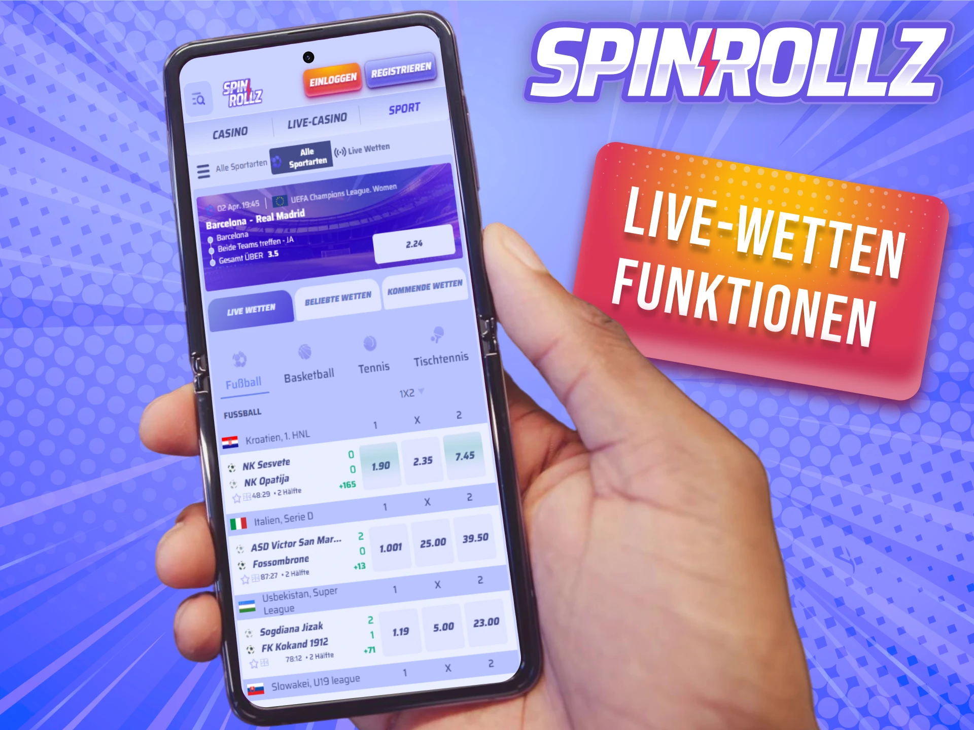 Nutze die Echtzeit-Vorteile der Live-Wetten Funktionen in der Android Spinrollz App.