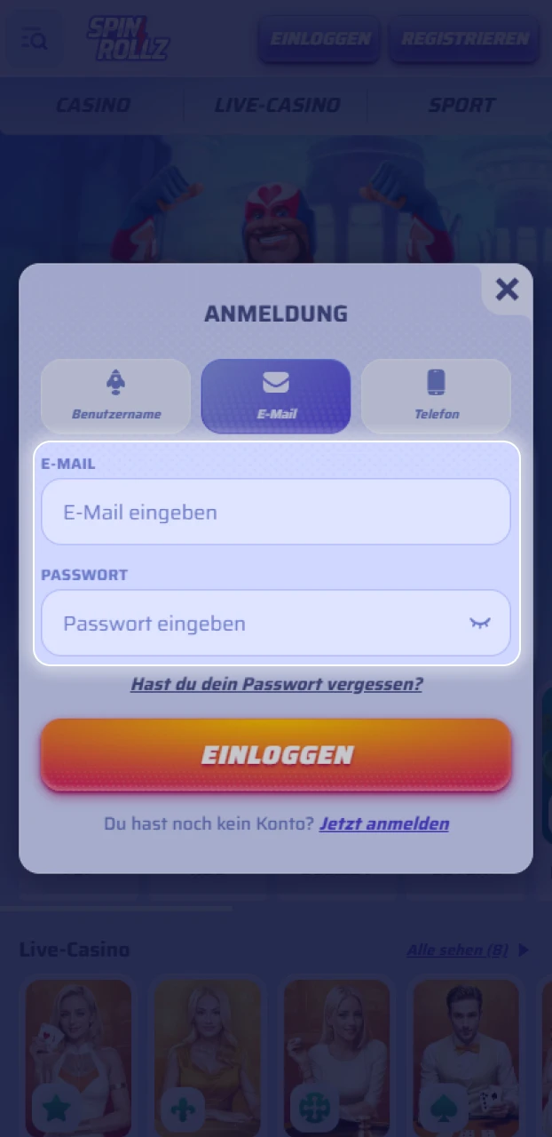 Gib deine Zugangsdaten ein, um dich in der Spinrollz-App anzumelden.