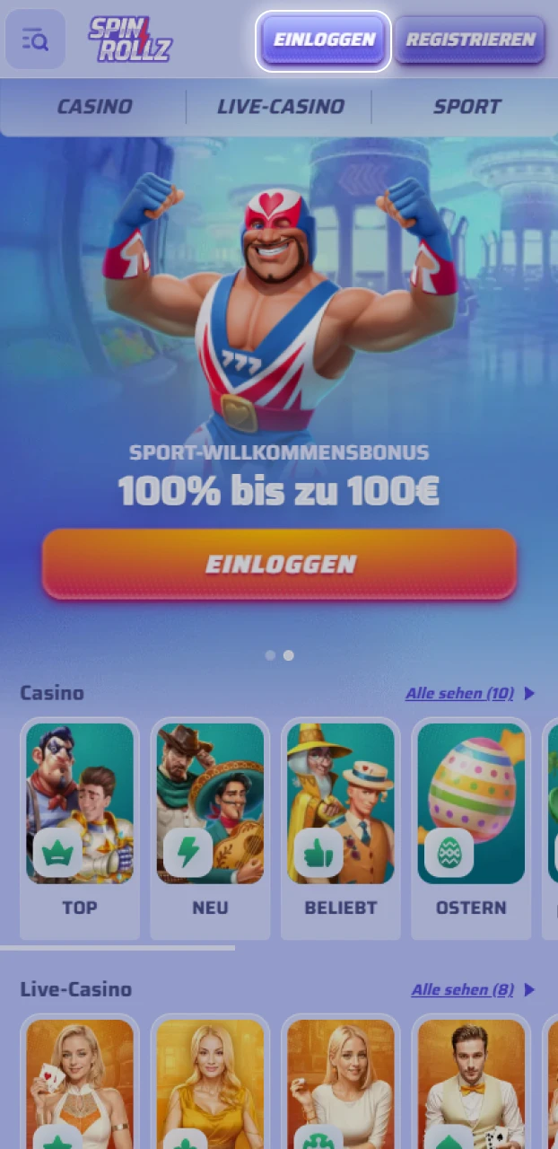Öffne die mobile App und klicke auf den Button für deinen Spinrollz Login.