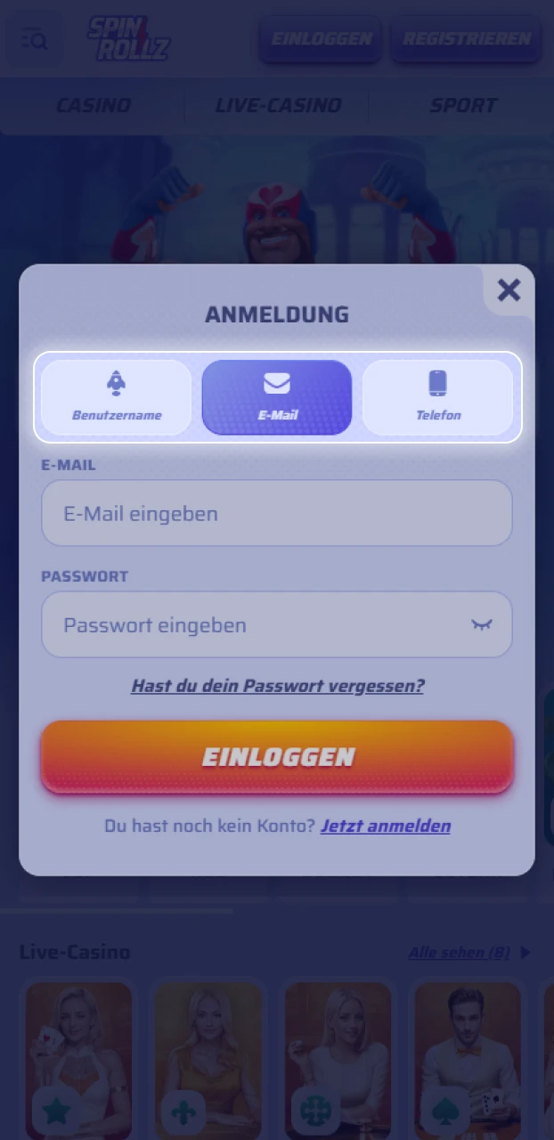 Wähle für die Anmeldung in der Spinrollz-App deine bevorzugte Methode wie E-Mail oder Nummer.