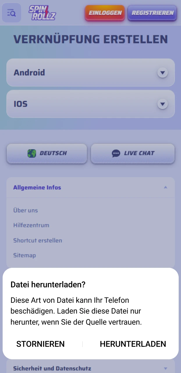 Bestätige den Download im Pop-up für die weitere Android Spinrollz App-Einrichtung.