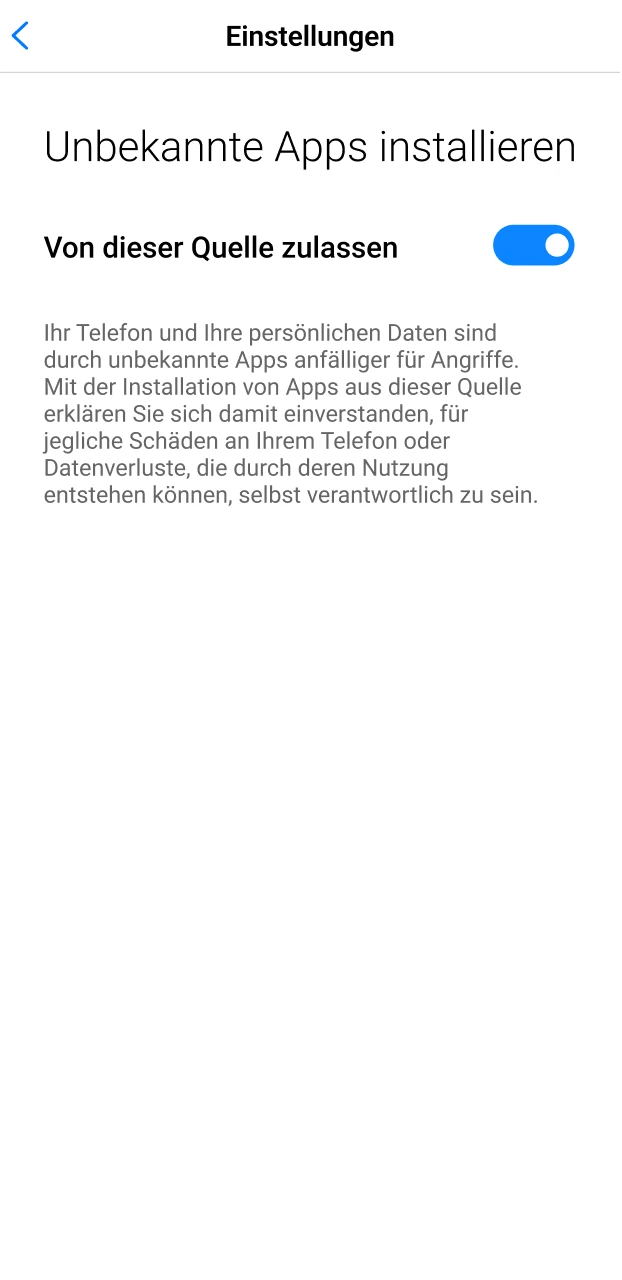 Erlaube die Installation aus unbekannten Quellen für die mobile Android Spinrollz App.