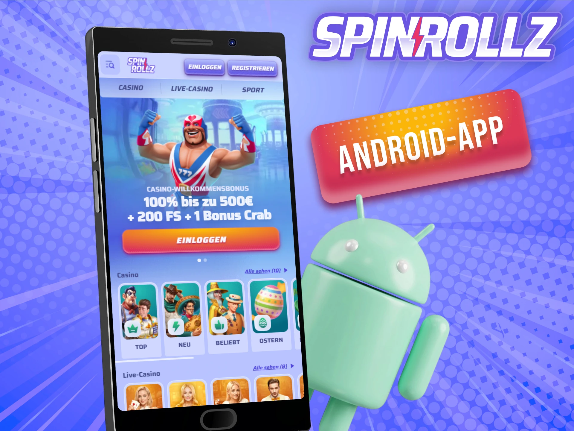 Installiere die Spinrollz Android-App für ein mobiles Spielerlebnis.
