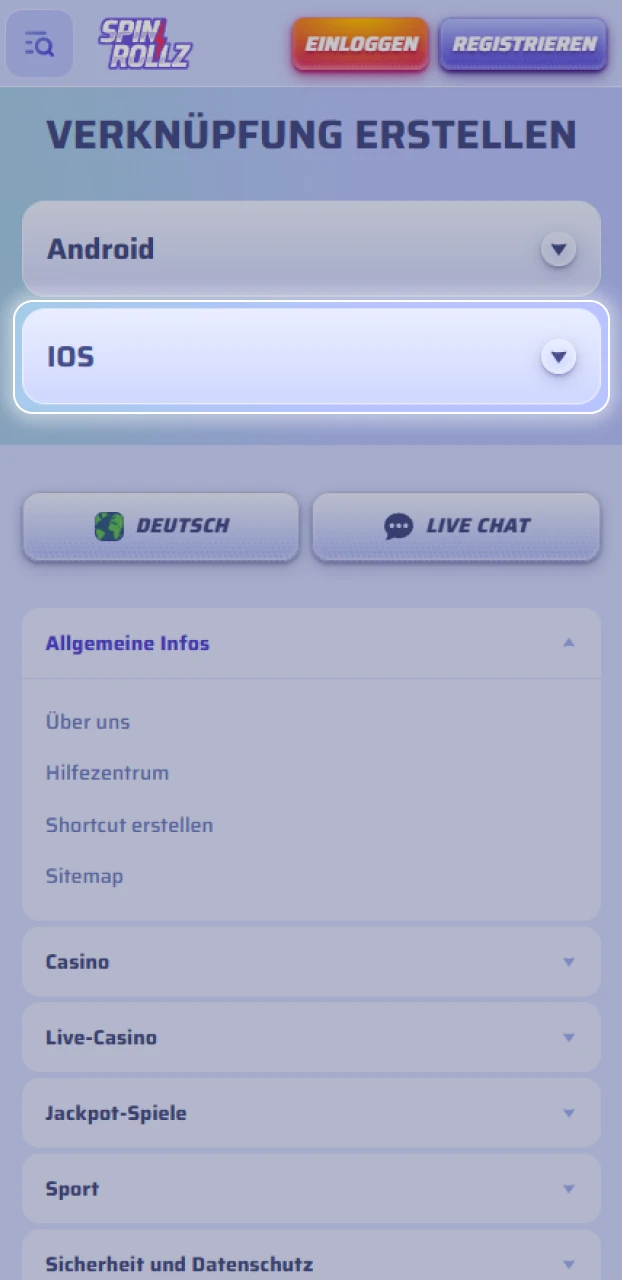 Klicke auf den iOS-Download-Button für den Start der Spinrollz App-Installation.
