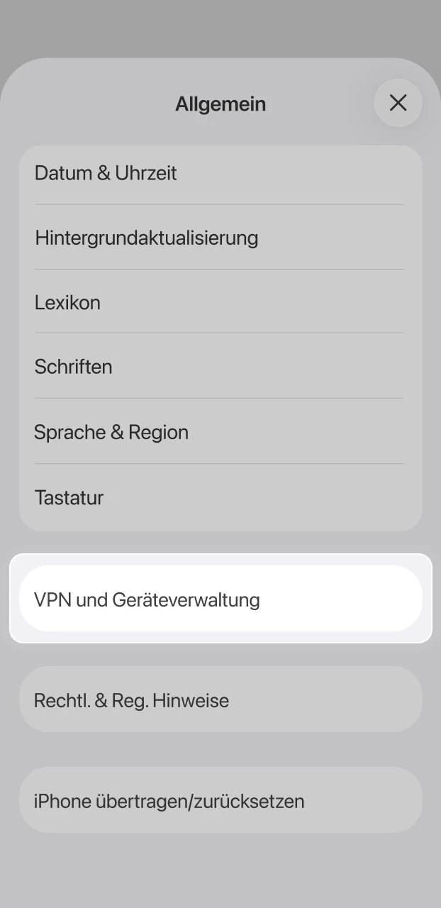 Vertraue dem Profil in der VPN-Verwaltung zur Installation der Spinrollz iOS App.