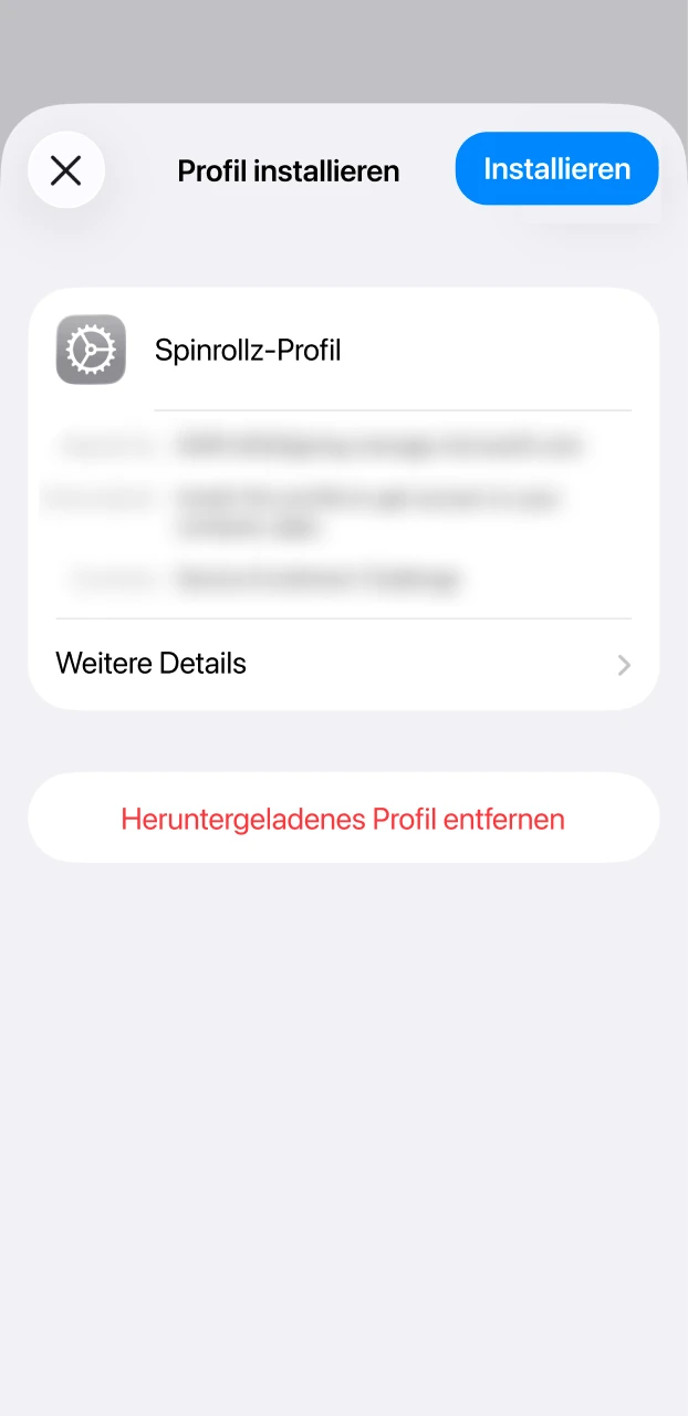 Bestätige die Installation des Profils für die weitere Einrichtung der Spinrollz iOS App.