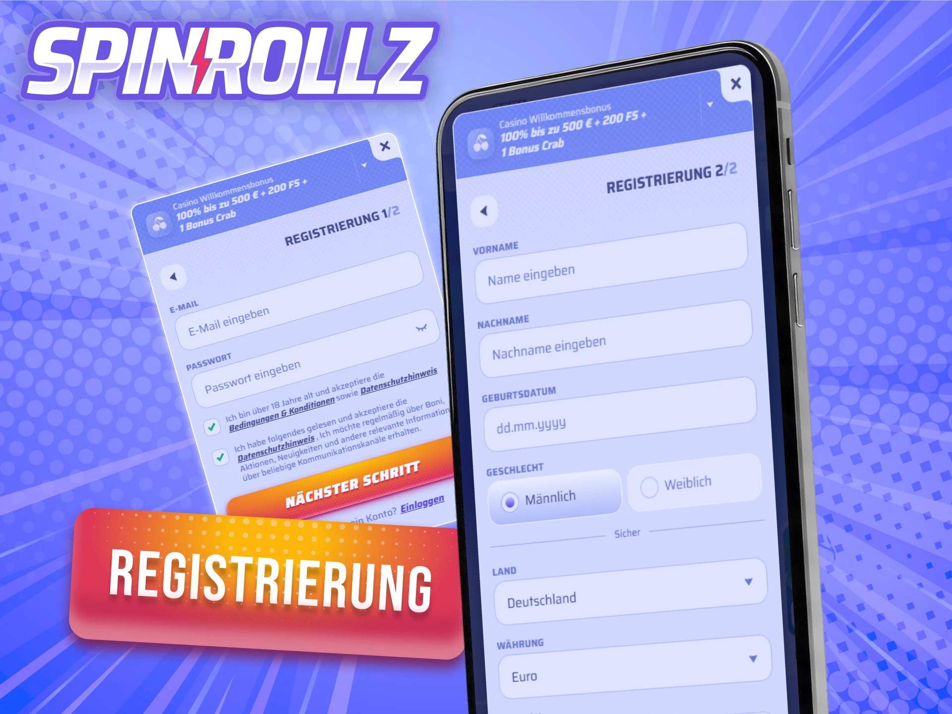 Schließe deine Registrierung bequem über die mobile Spinrollz App ab.