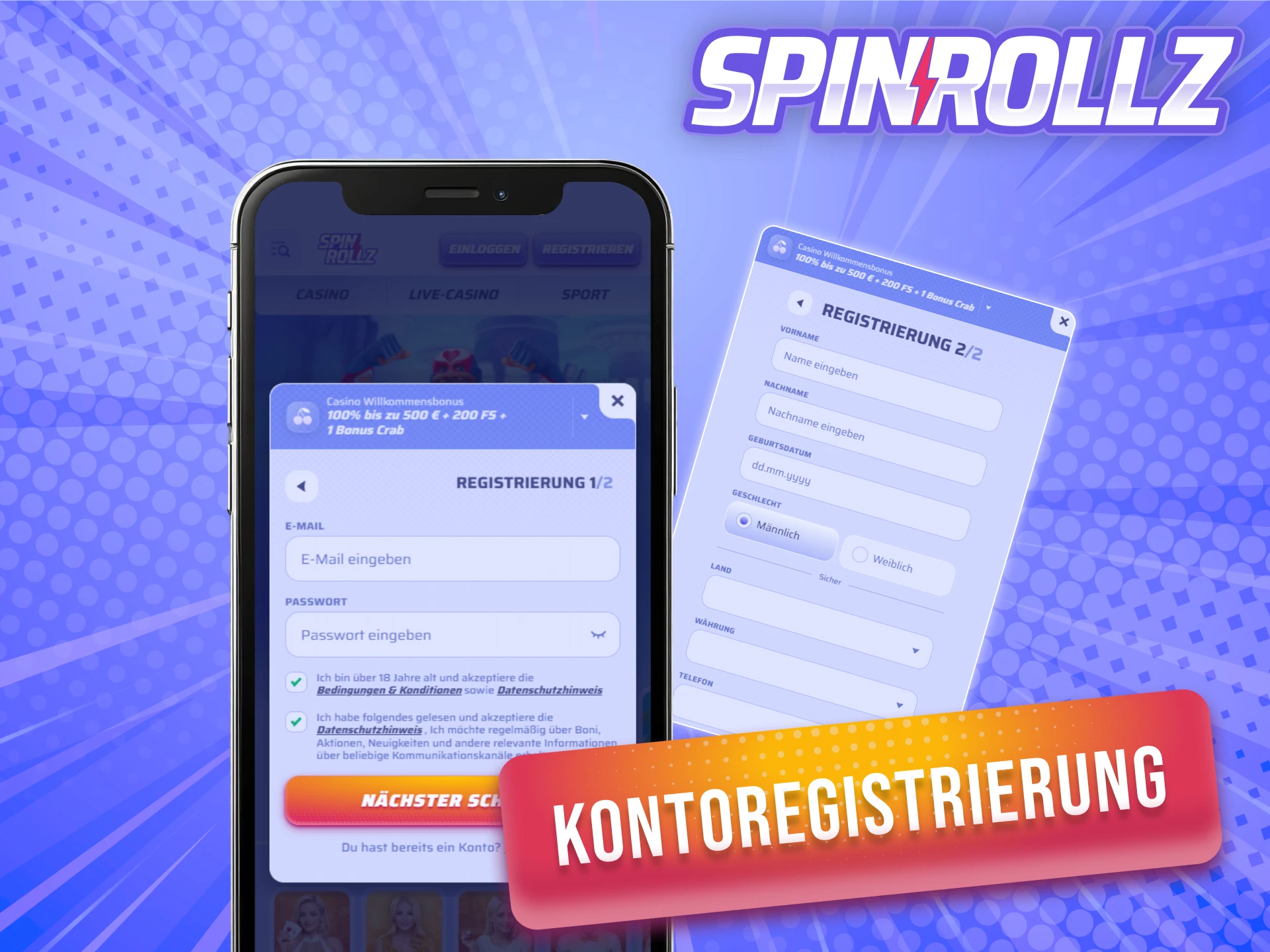 Melde dich ganz einfach über die mobile Spinrollz iOS App an.