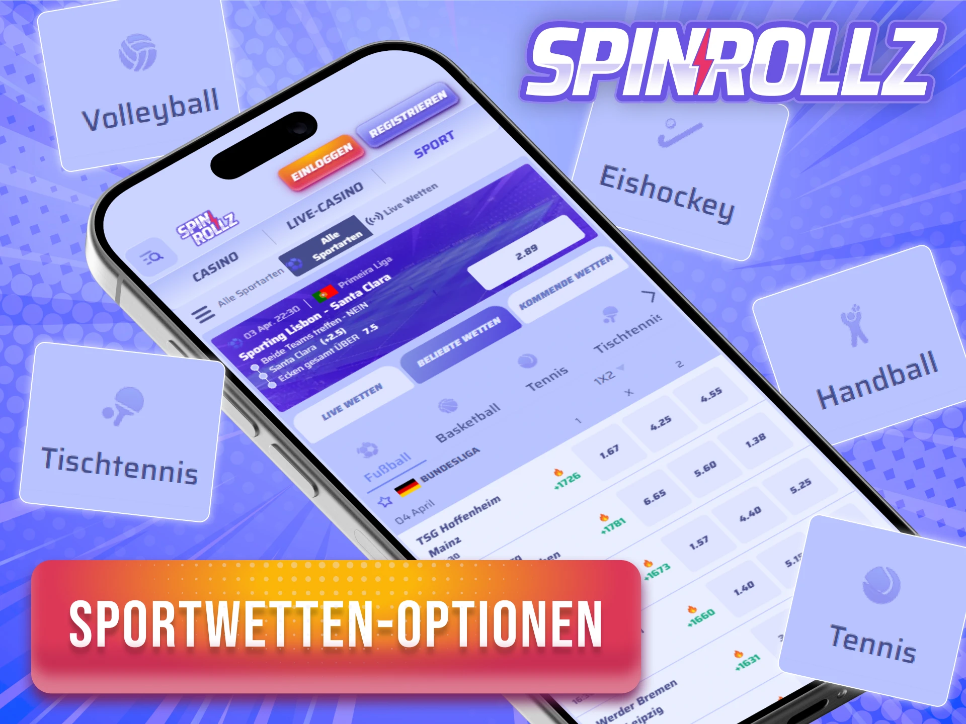 Entdecke viele Sportwetten in der mobilen Spinrollz iOS App und gewinne.