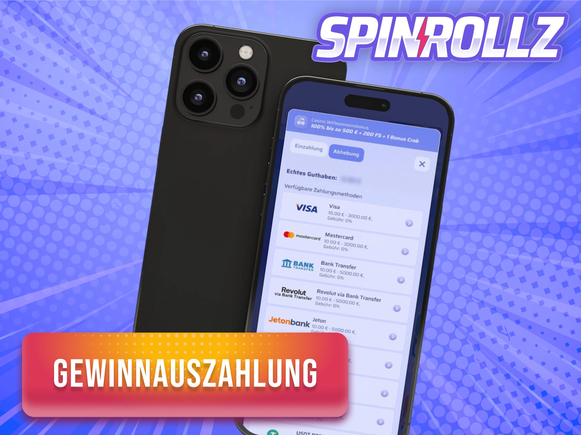 Nutze die passende Zahlungsmethode für deine Auszahlung bei Spinrollz auf deinem iOS-Gerät.