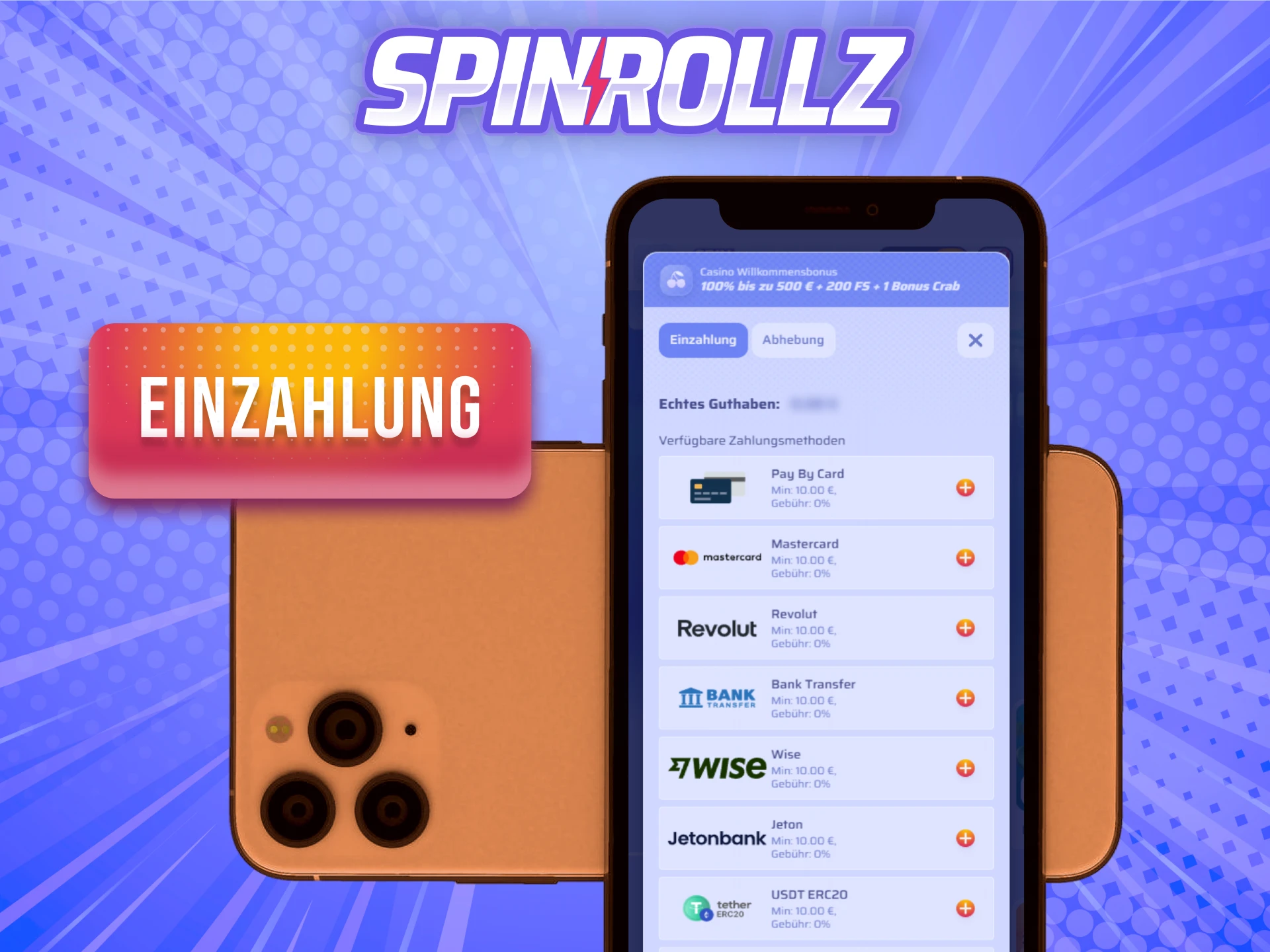 Wähle eine sichere Zahlungsmethode für deine Einzahlung in der Spinrollz iOS App.