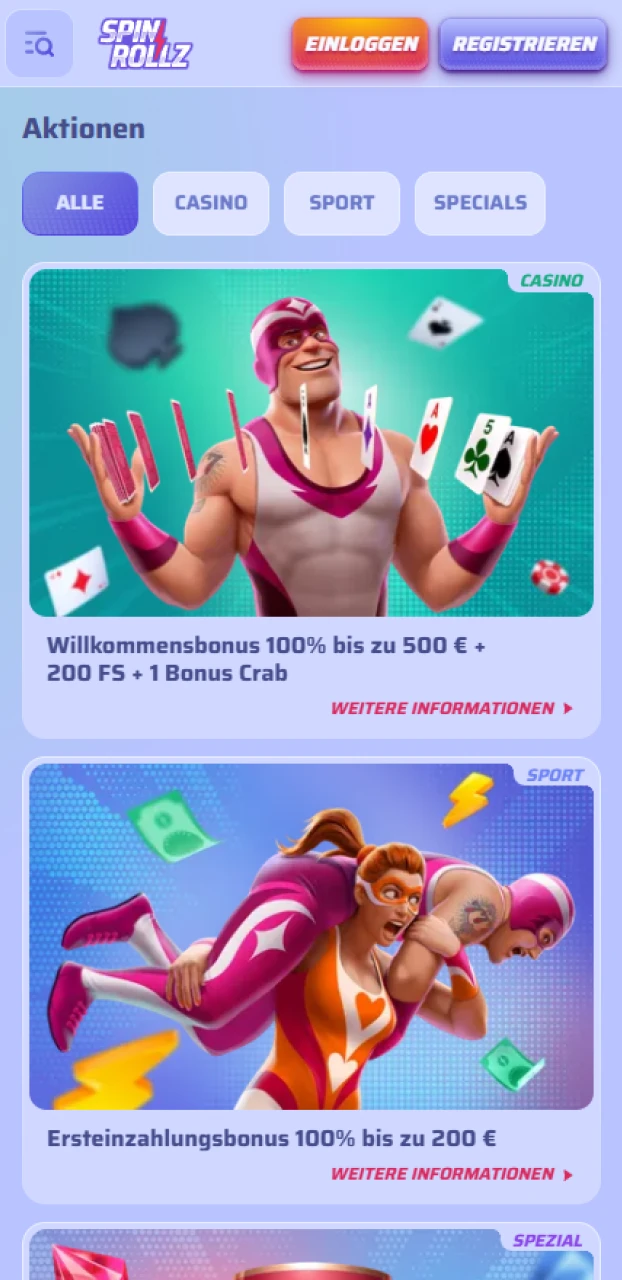 Entdecke alle verfügbaren Boni in der Aktionsübersicht von Spinrollz.