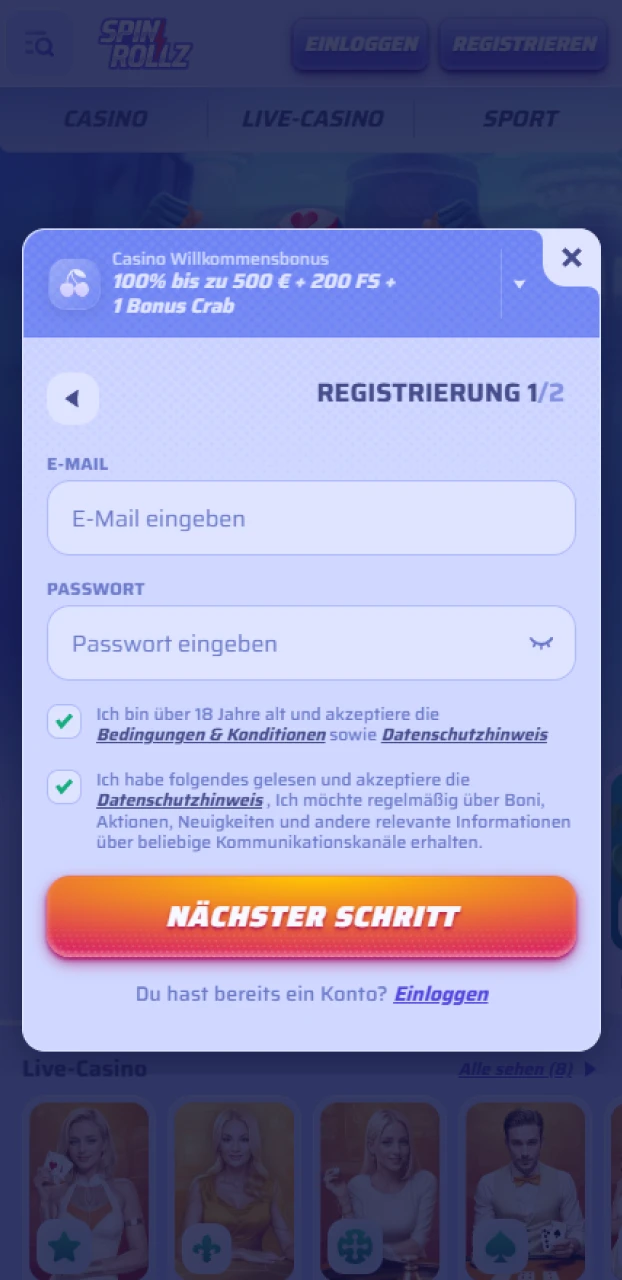 Schließe deine Registrierung bei Spinrollz über das übersichtliche Anmeldeformular ab.