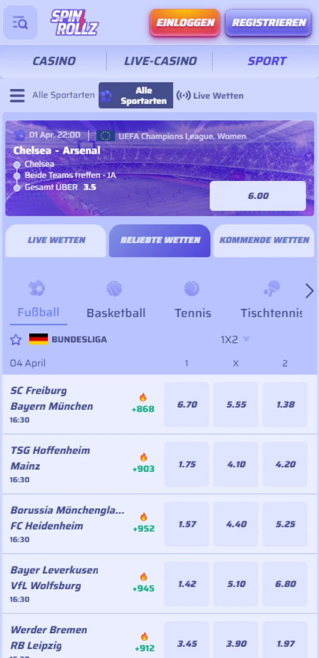 Wette auf deine Lieblingsteams direkt in der Spinrollz Sport-Sektion.