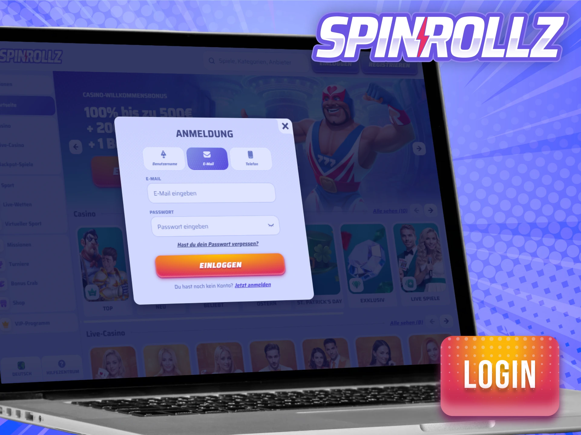 Führe den Login zu deinem Spinrollz Konto sicher aus.
