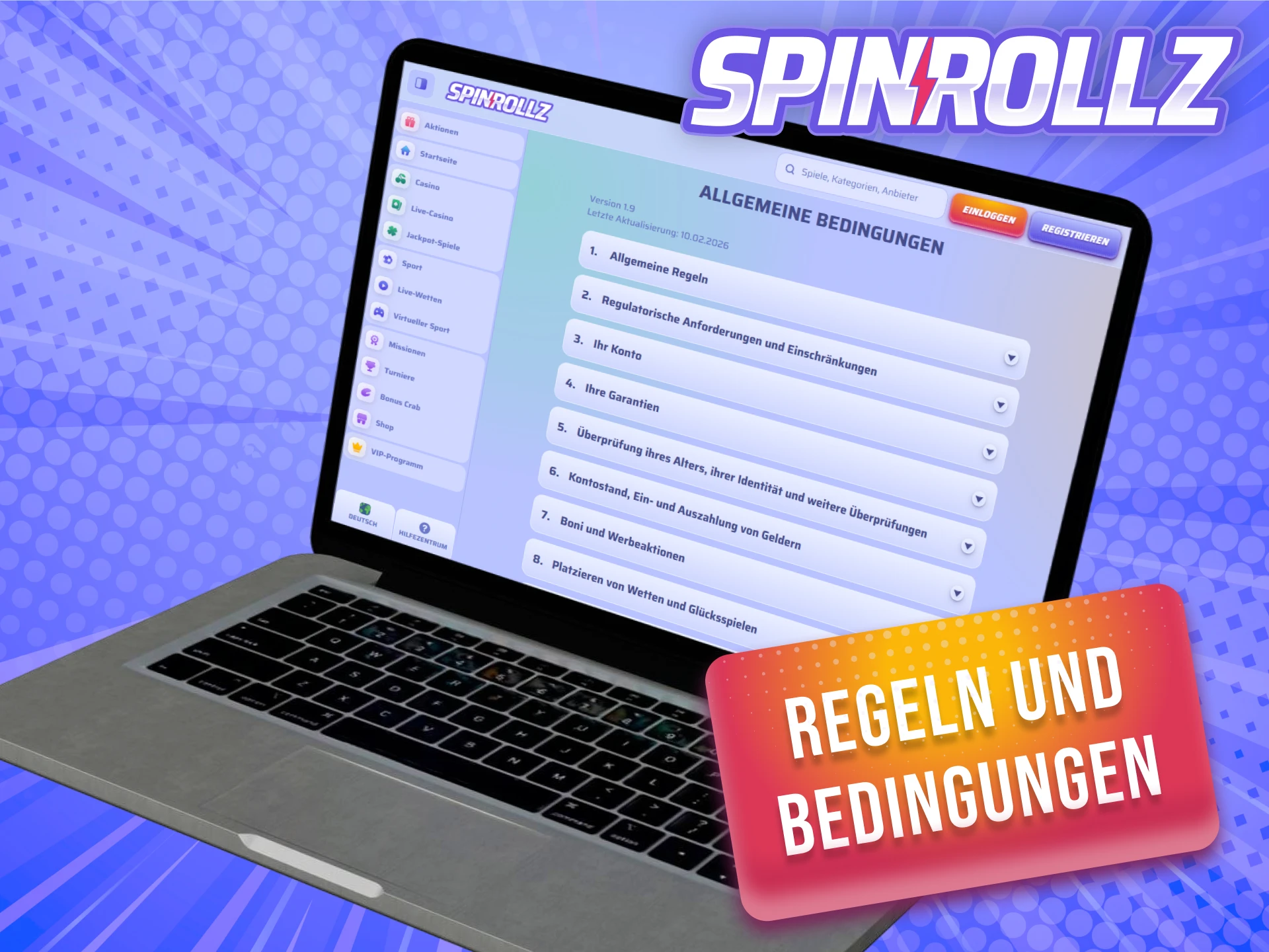 Lies die Regeln und Bedingungen von Spinrollz aufmerksam durch.