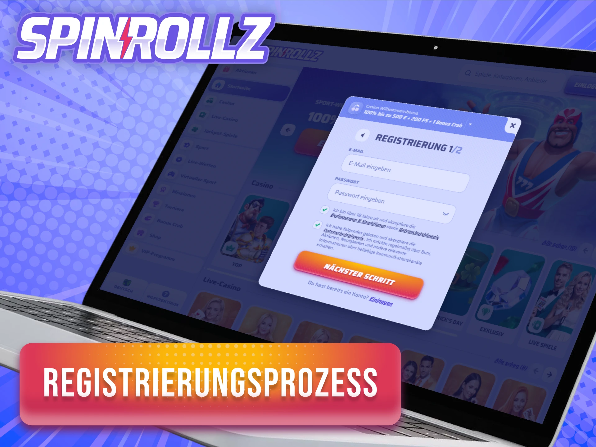 Schließe den Registrierungsprozess bei Spinrollz in wenigen Minuten ab.