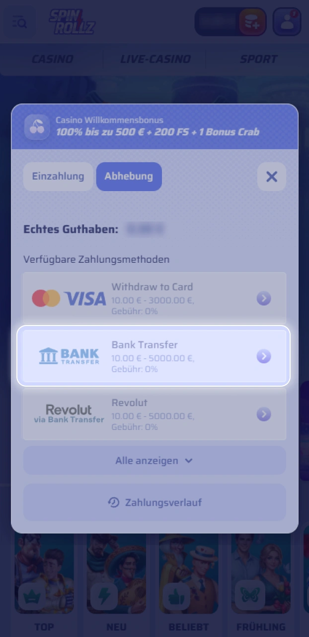 Bestätige den gewünschten Betrag für deine Auszahlung direkt bei Spinrollz.