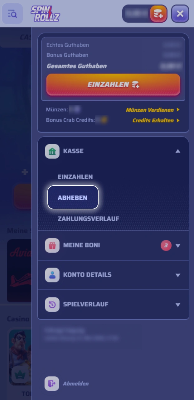Finde im Kassenbereich von Spinrollz die passende Option für deine Auszahlung.