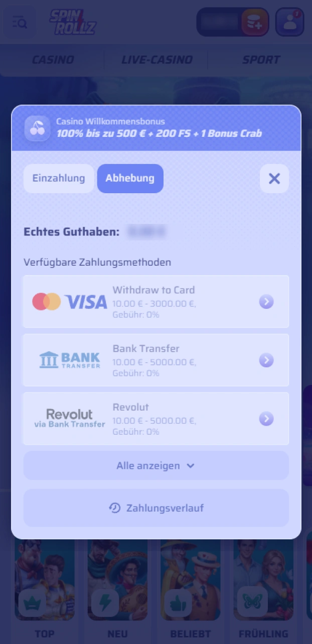Nutze eine sichere Methode, um deine Auszahlung bei Spinrollz abzuwickeln.