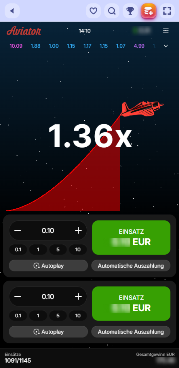 Wähle die gewünschte Höhe deines Einsatzes vor dem Abflug bei Aviator auf Spinrollz.