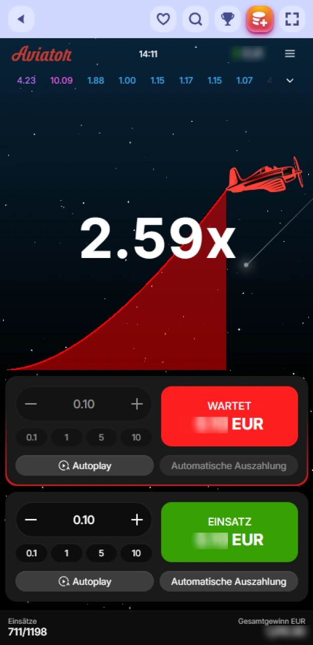 Klicke rechtzeitig auf den Button und sichere deinen Gewinn bei Aviator auf Spinrollz.