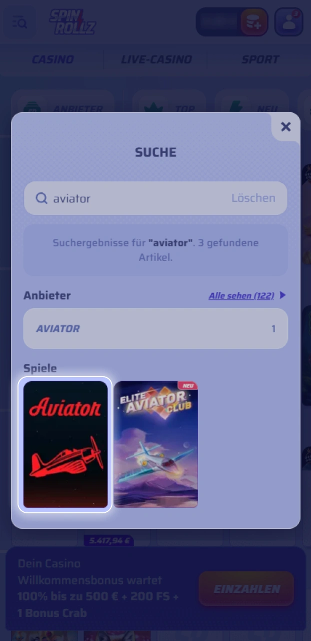 Finde das beliebte Crash-Game Aviator auf Spinrollz und startet es.