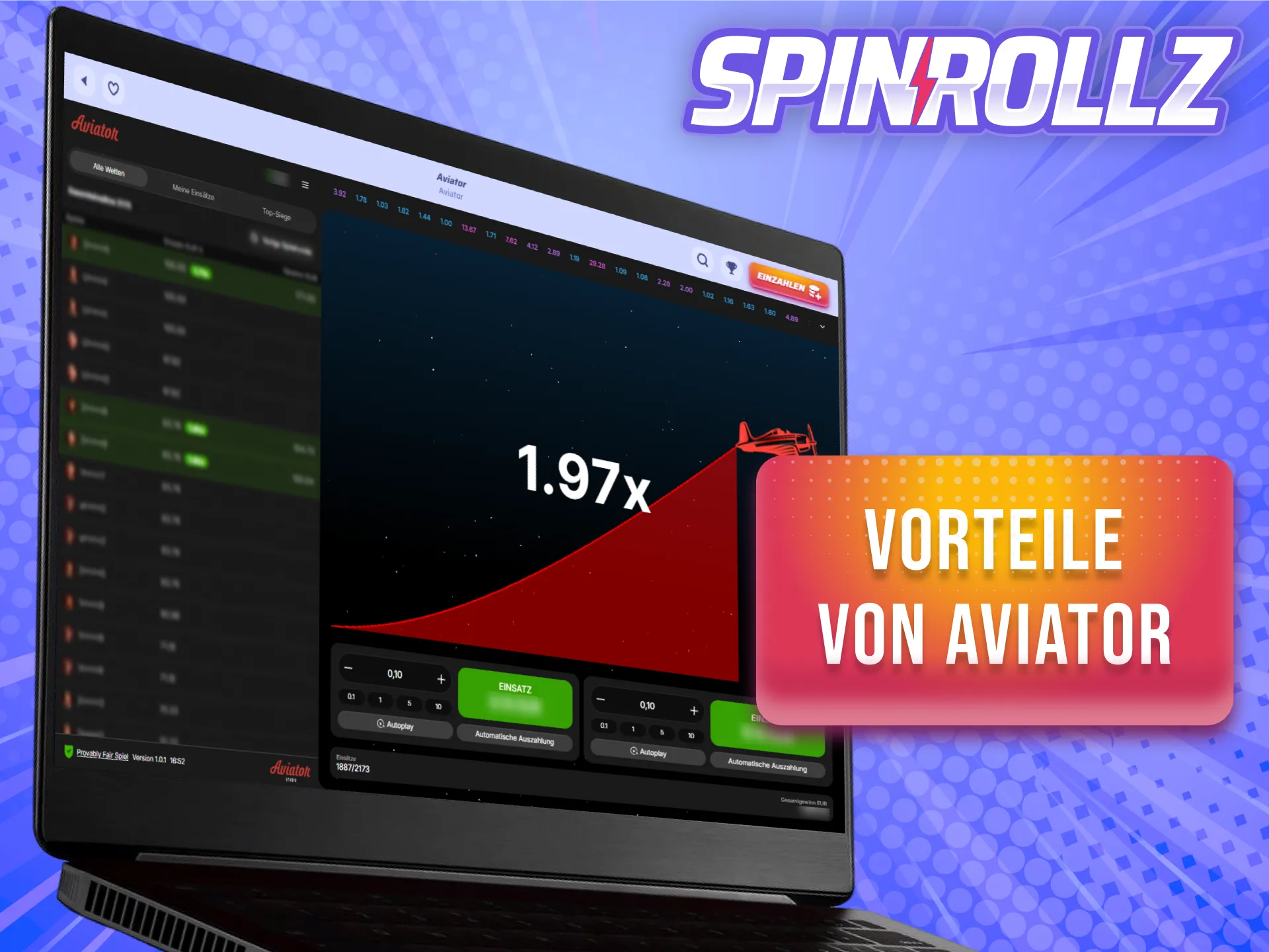 Profitiere von schnellen Auszahlungen und maximalem Spielspaß mit Aviator auf Spinrollz.