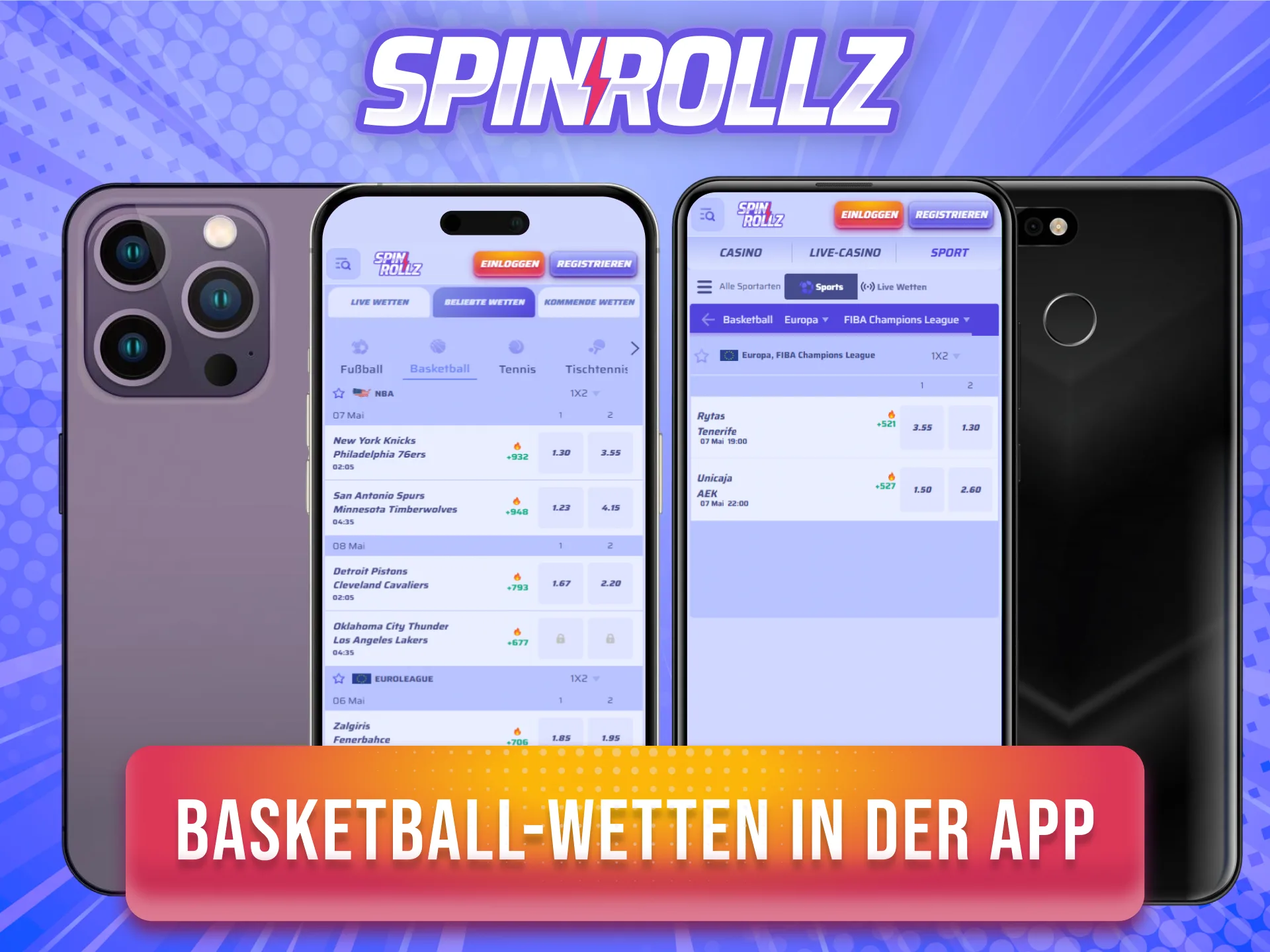 Nutze die Spinrollz App auf Android oder iOS für deine mobilen Basketball-Wetten.