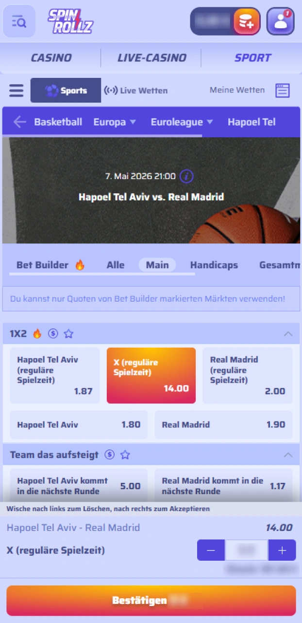 Bestätige deinen Einsatz im Wettschein und schließe deine Basketball-Wette bei Spinrollz ab.