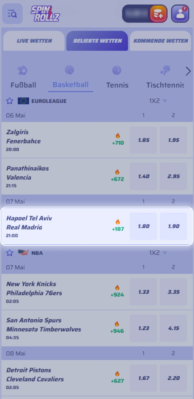 Klicke auf ein Basketball-Spiel und wähle deinen Markt für den Tipp bei Spinrollz aus.