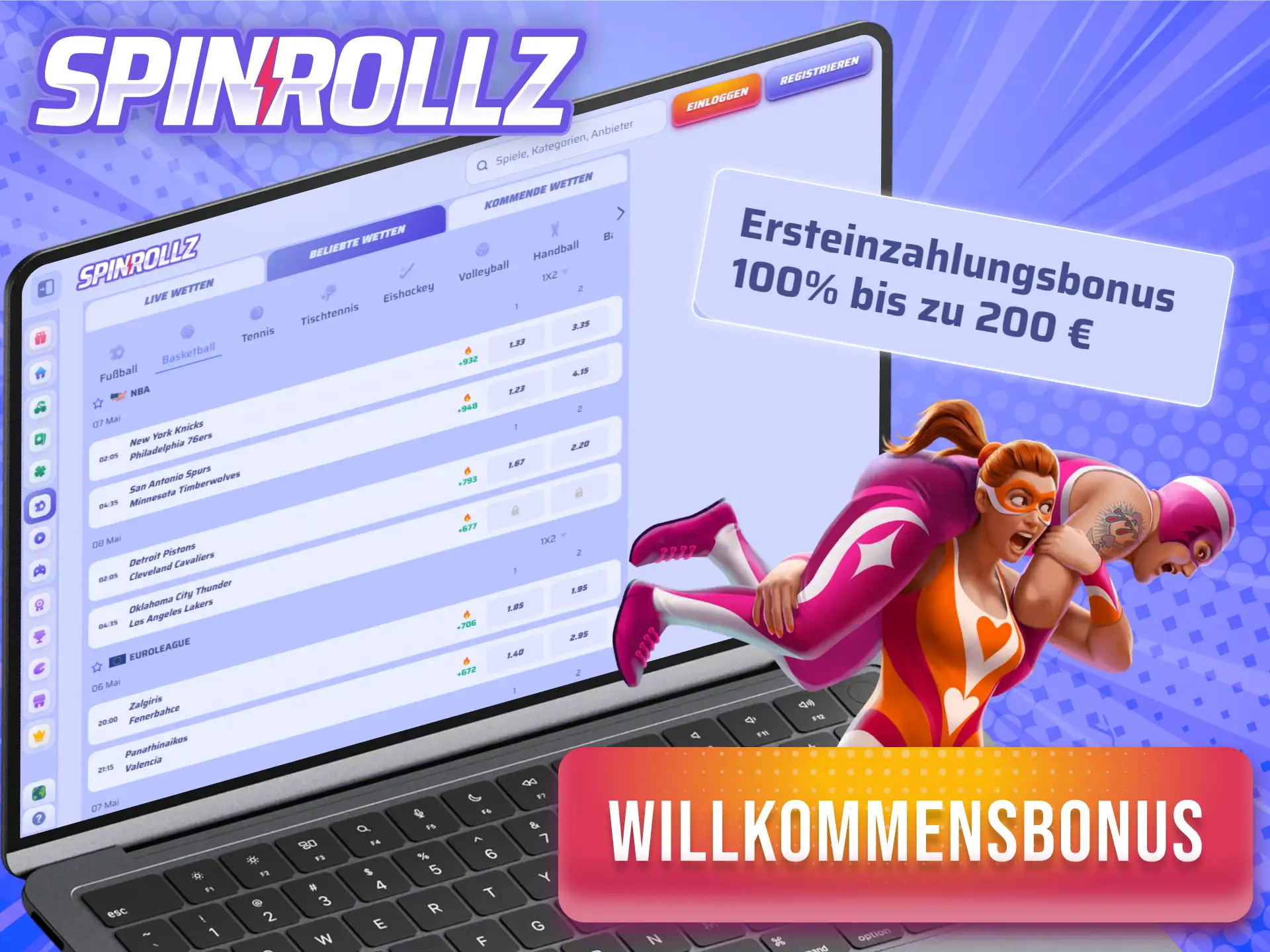 Sichere dir bei Spinrollz einen Willkommensbonus für deine nächsten Basketball-Wetten.