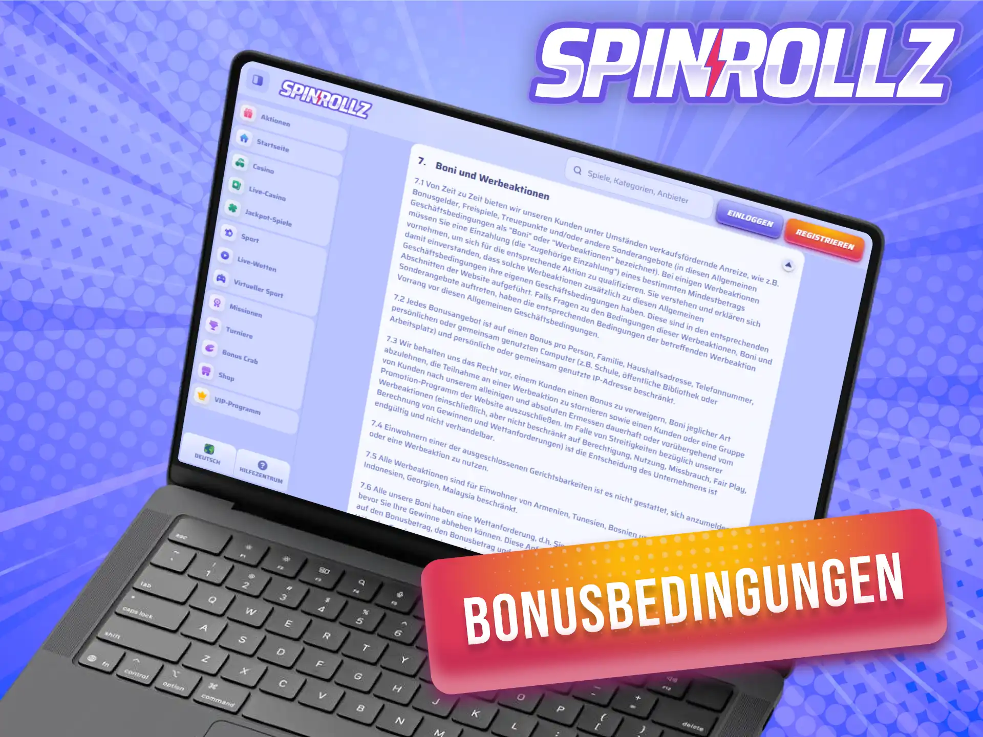 Lies die Bonusbedingungen und starte mit den Spinrollz Boni in Deutschland.