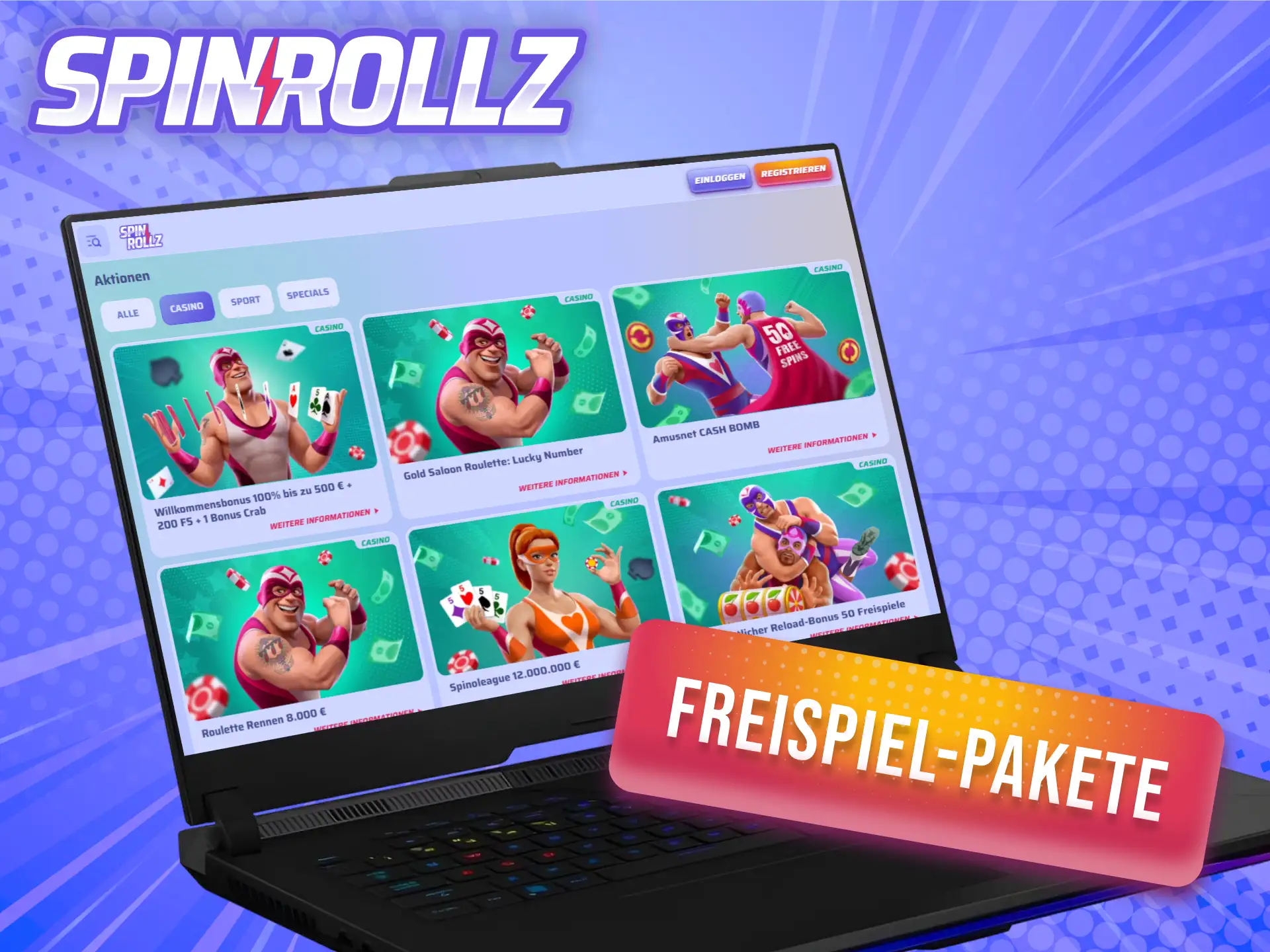 Hol dir Freispiel-Pakete für Slots als Teil der Spinrollz Boni.