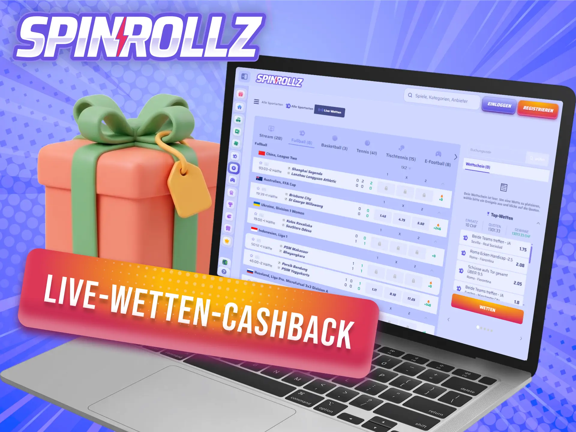Hol dir den Live-Wetten-Cashback der Spinrollz Boni für Sport zurück.