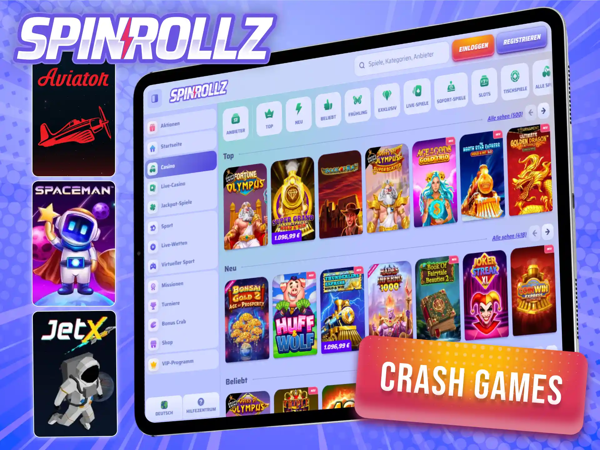 Erlebe mit den schnellen Crash Games bei Spinrollz rasante Action im Casino.