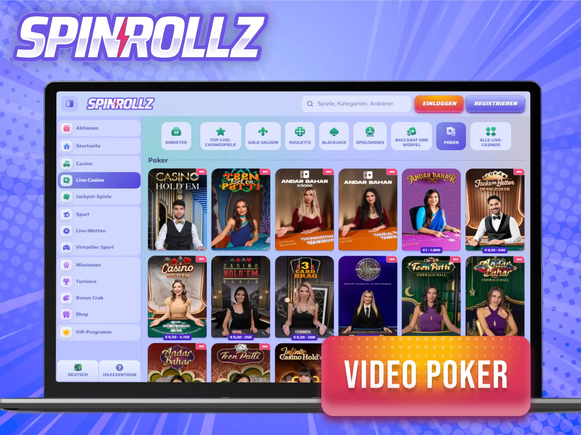 Zeige bei Spinrollz dein bestes Blatt im Casino bei verschiedenen Video-Poker-Varianten.