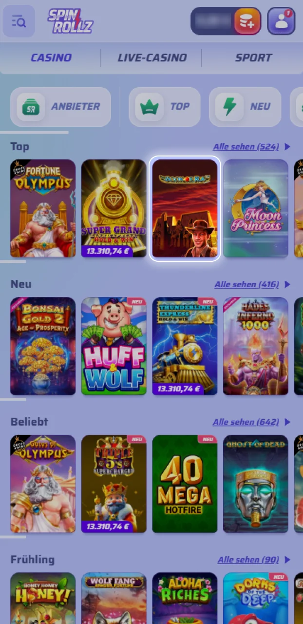 Wähle dein gewünschtes Spiel im reichhaltigen Casino-Bereich von Spinrollz aus.